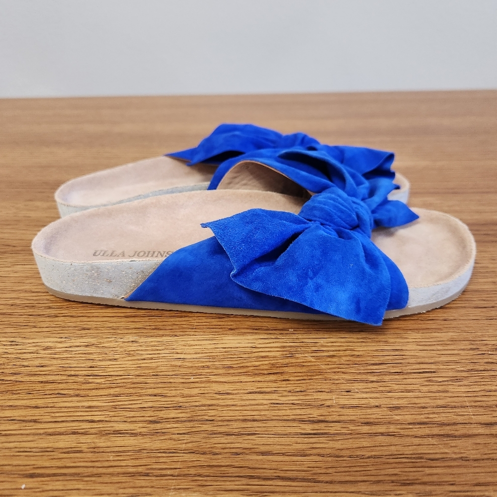 Ulla Johnson Ingrid Suede Leather Bow Slide Sandals in Cobalt Blue